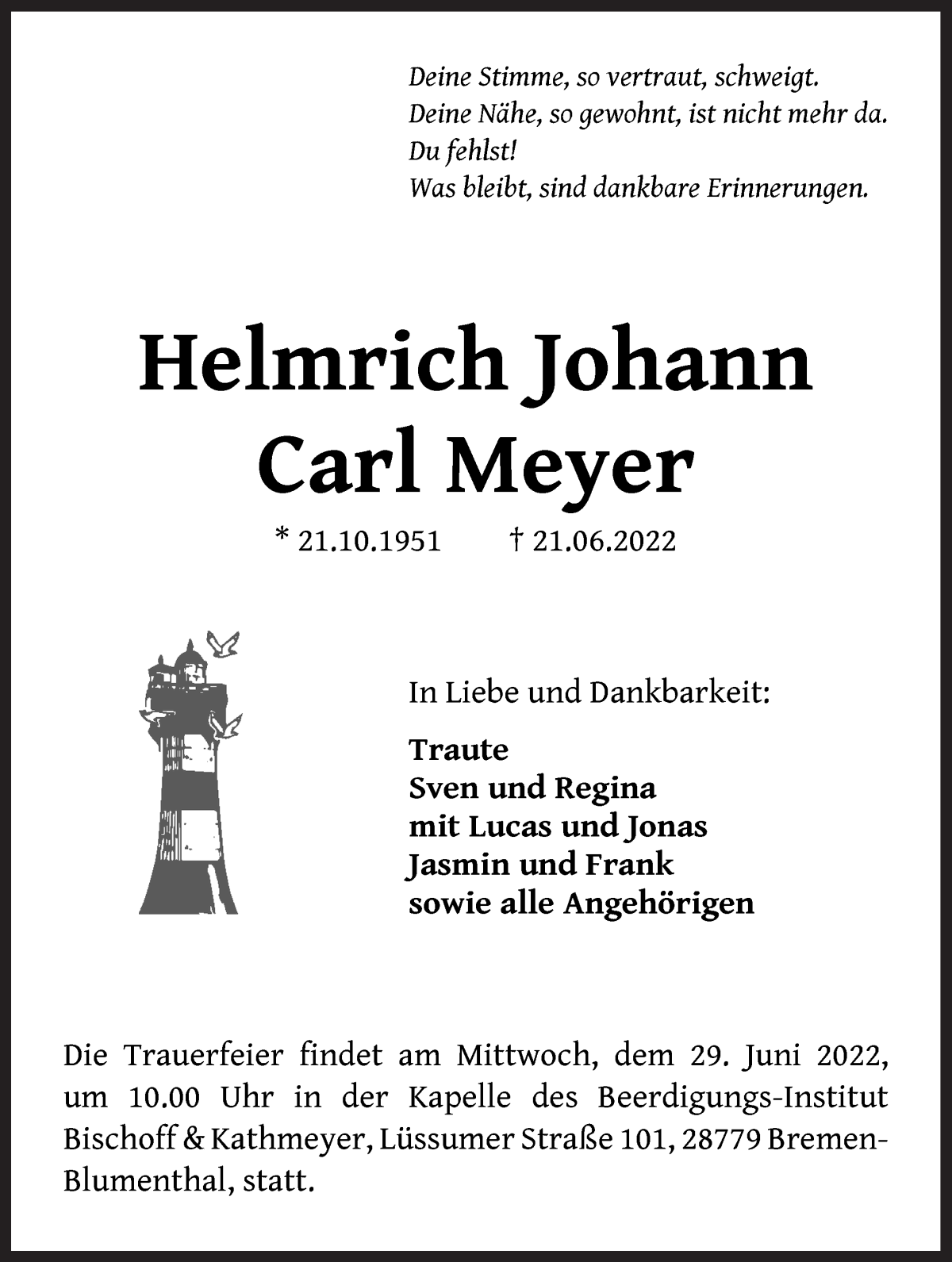  Traueranzeige für Helmrich Johann Carl Meyer vom 25.06.2022 aus Die Norddeutsche