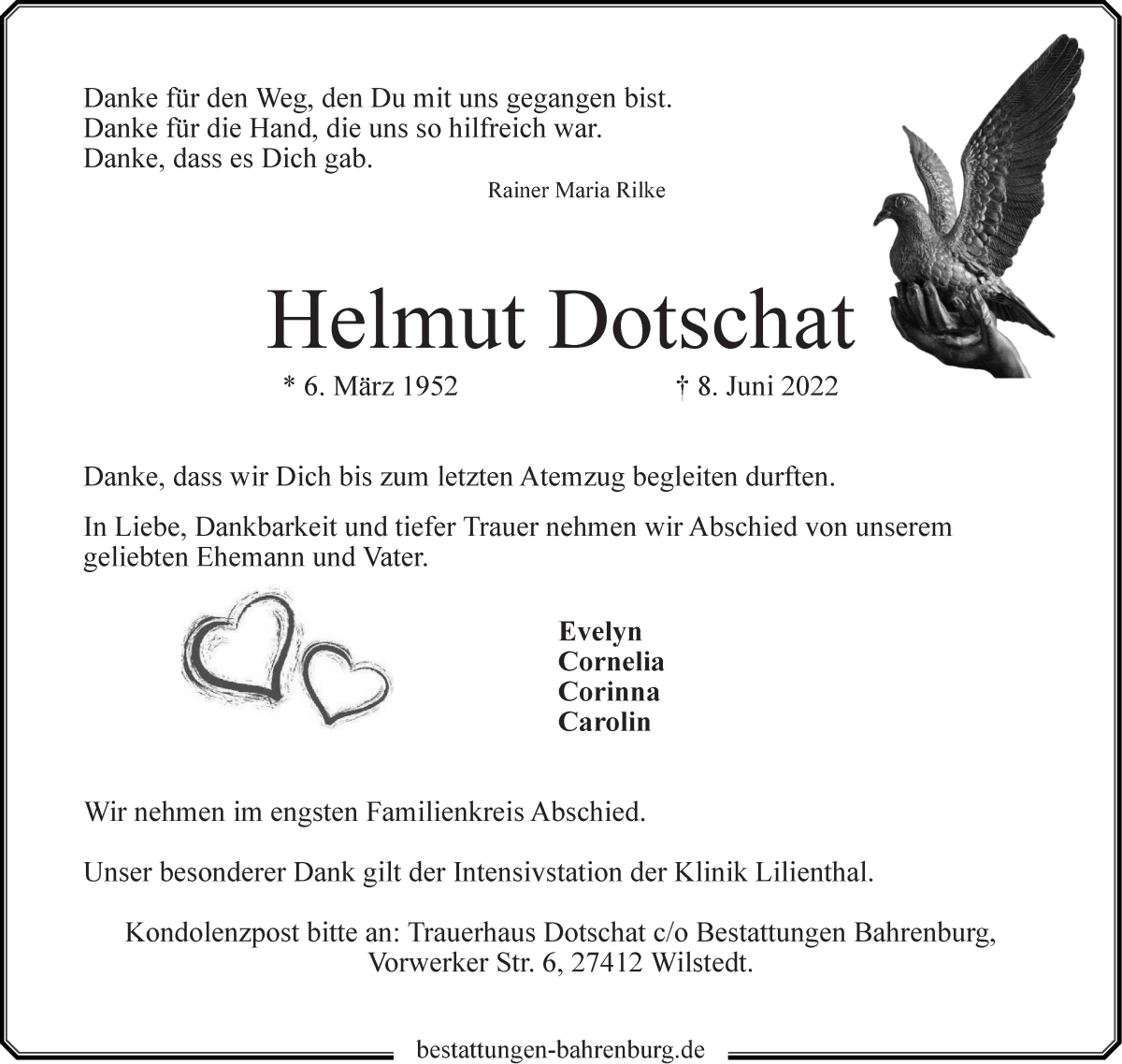  Traueranzeige für Helmut Dotschat vom 18.06.2022 aus WESER-KURIER