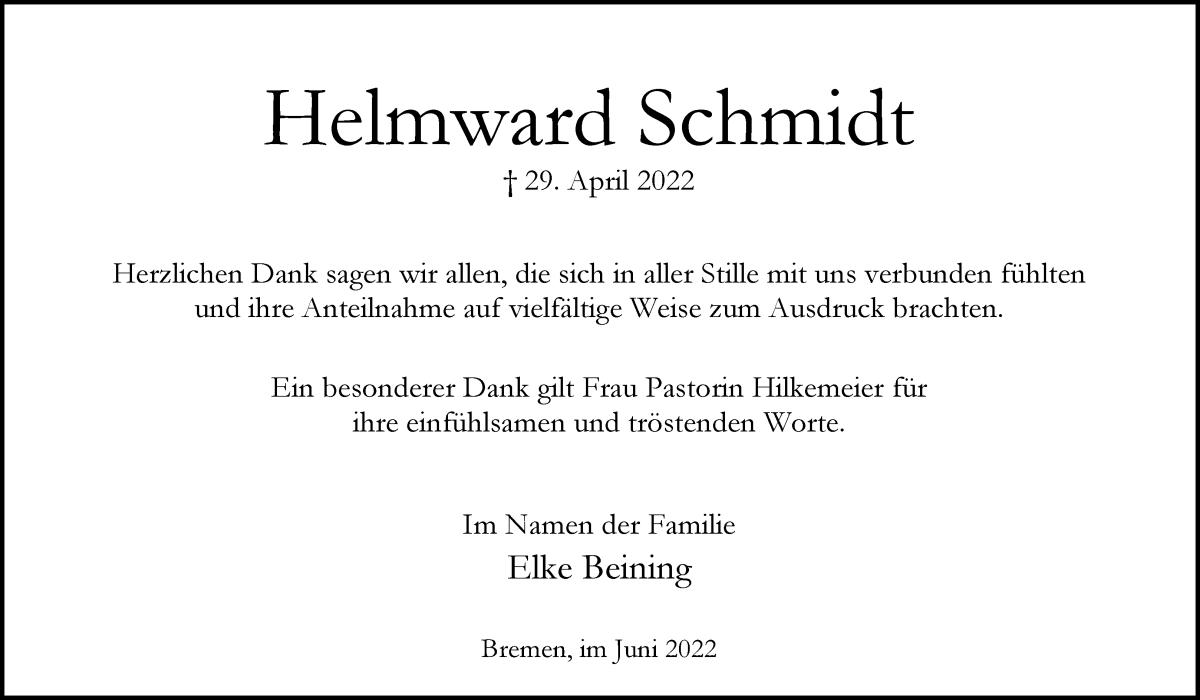  Traueranzeige für Helmward Schmidt vom 04.06.2022 aus WESER-KURIER