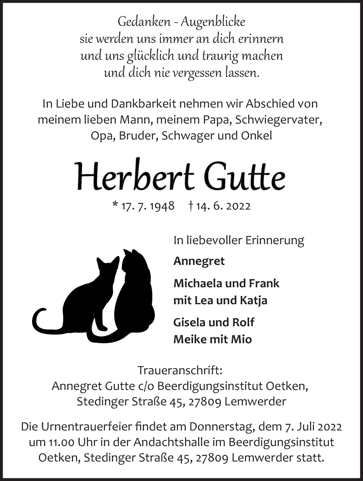  Traueranzeige für Herbert Gutte vom 18.06.2022 aus Die Norddeutsche