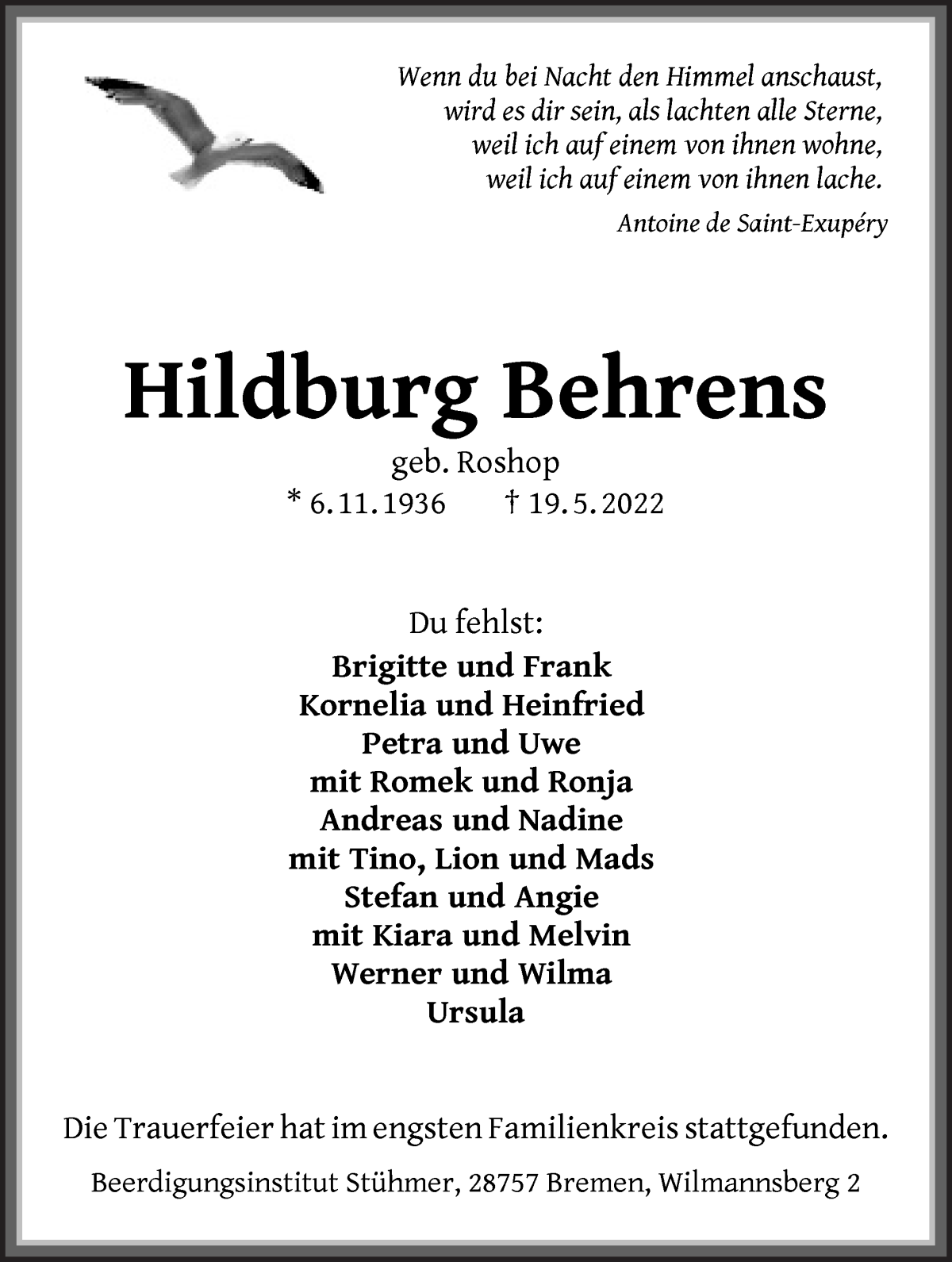  Traueranzeige für Hildburg Behrens vom 02.06.2022 aus Die Norddeutsche