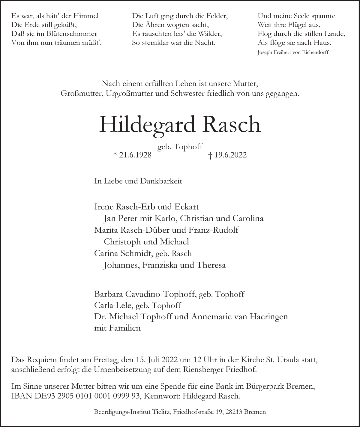 Traueranzeige von Hildegard Rasch von WESER-KURIER