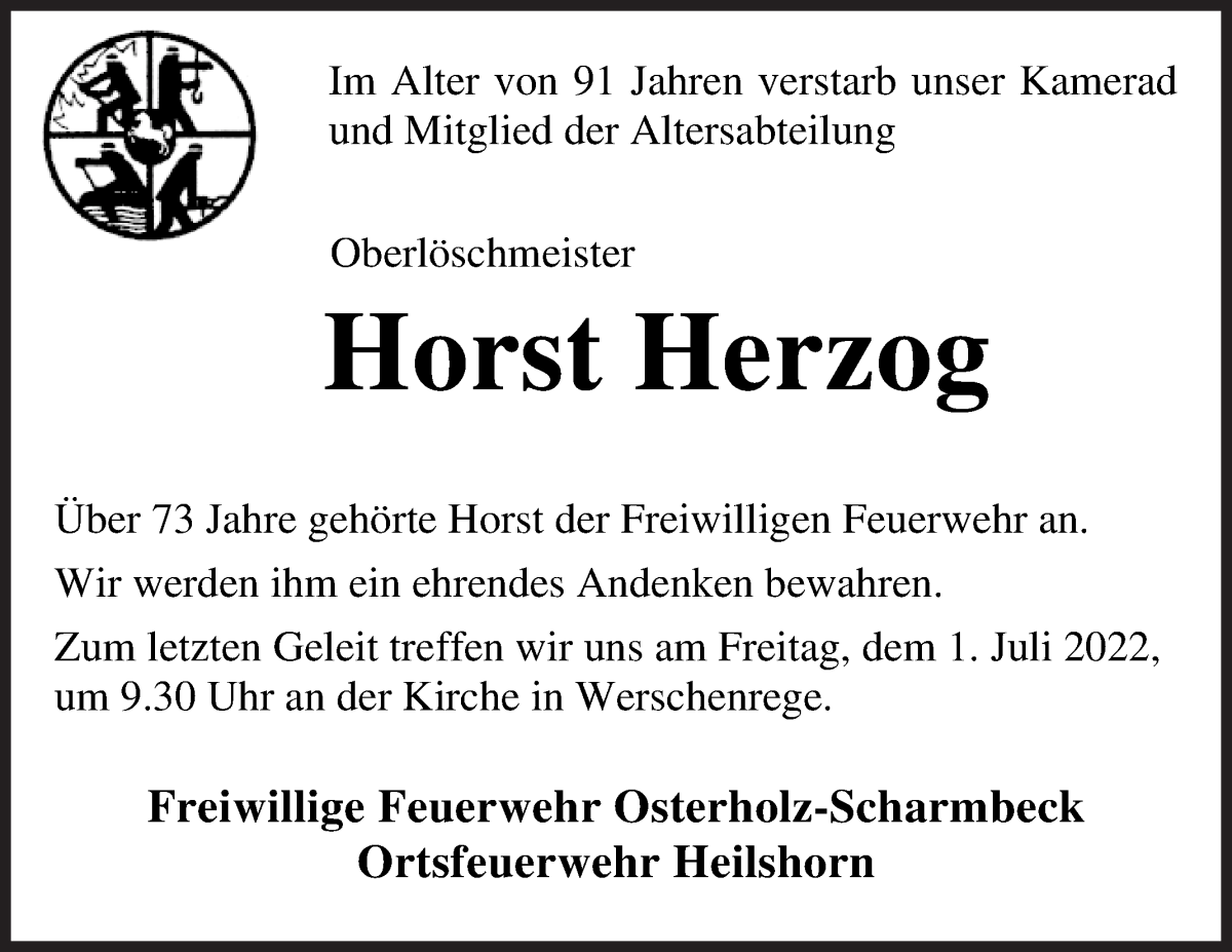 Traueranzeige von Horst Herzog von Osterholzer Kreisblatt