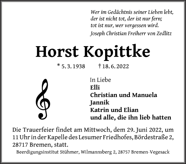 Traueranzeige von Horst Kopittke von Die Norddeutsche
