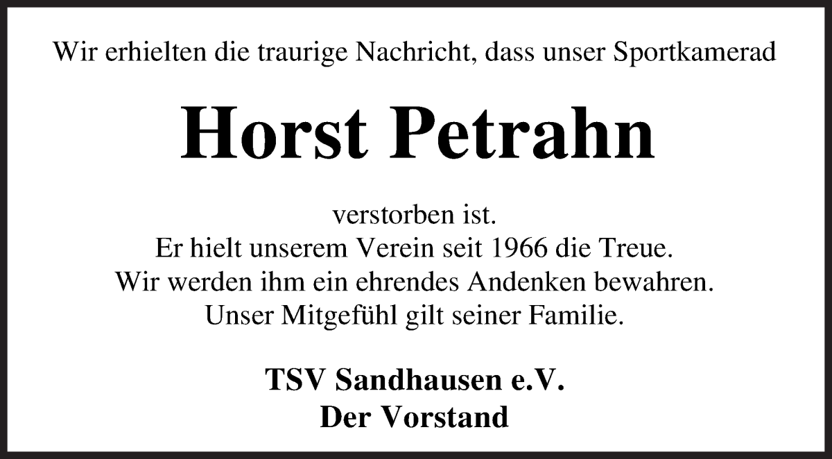  Traueranzeige für Horst Petrahn vom 04.06.2022 aus Osterholzer Kreisblatt