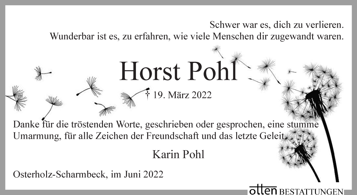  Traueranzeige für Horst Pohl vom 04.06.2022 aus Osterholzer Kreisblatt