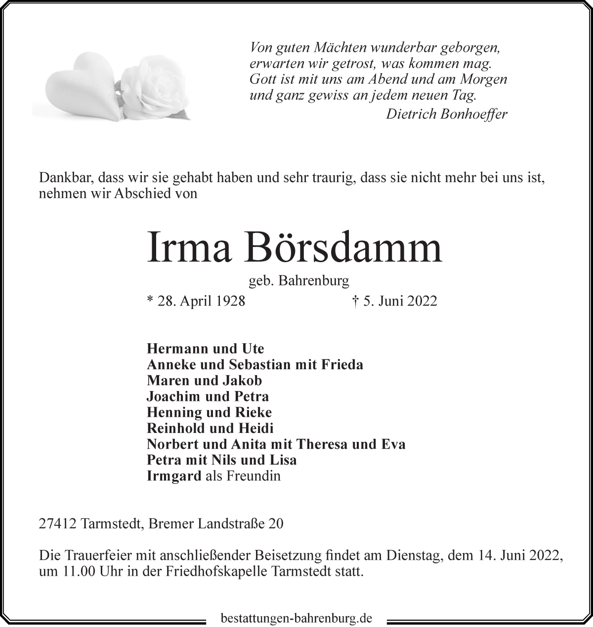 Traueranzeige von Irma Börsdamm von Wuemme Zeitung