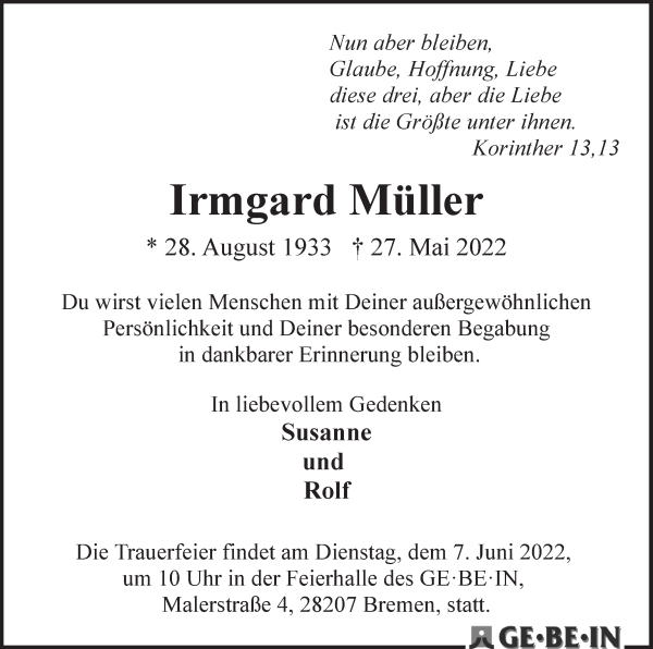 Traueranzeige von Irmgard Müller von WESER-KURIER