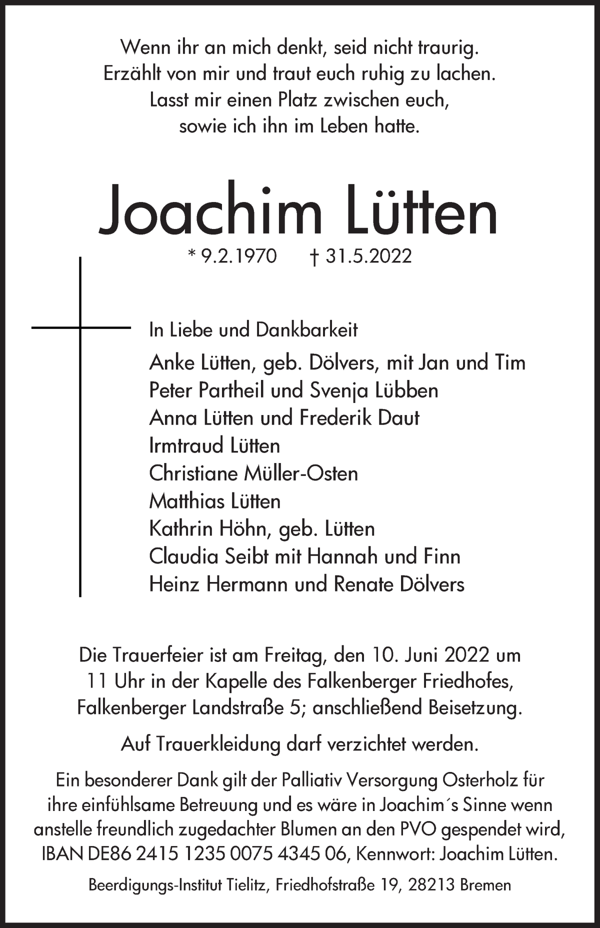 Traueranzeige von Joachim Lütten von Wuemme Zeitung