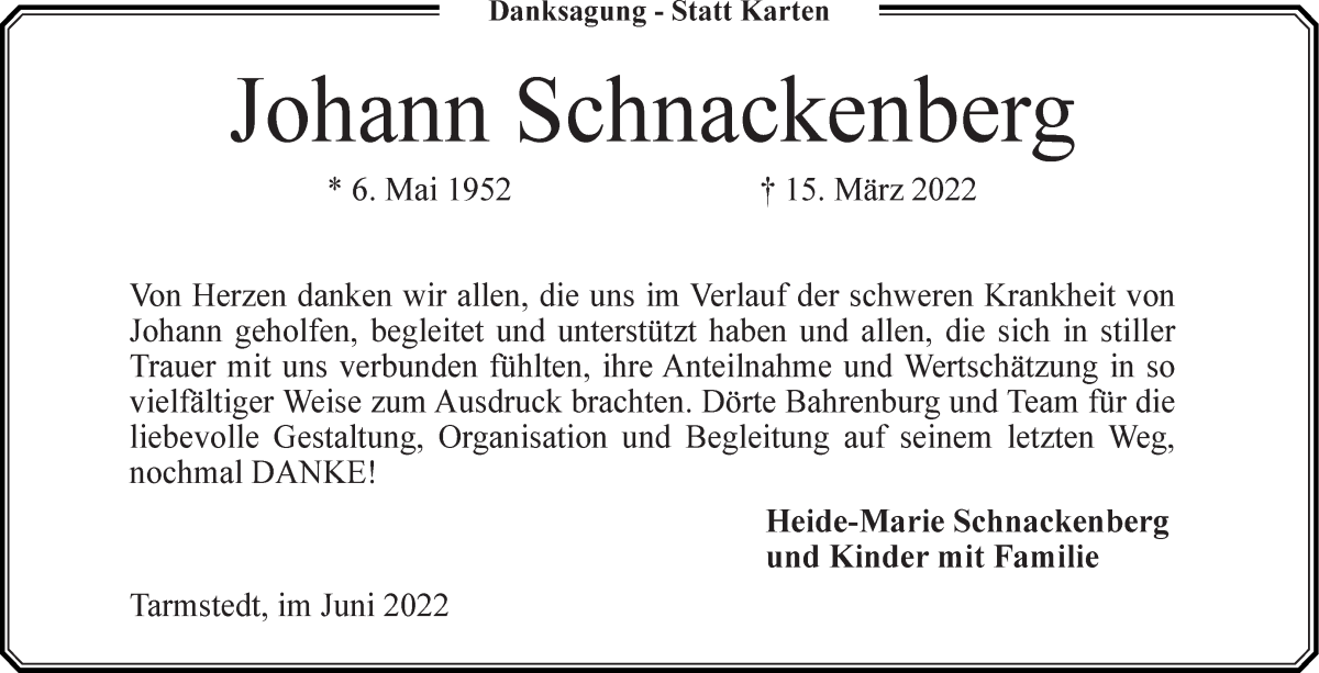 Traueranzeige von Johann Schnackenberg von Wuemme Zeitung