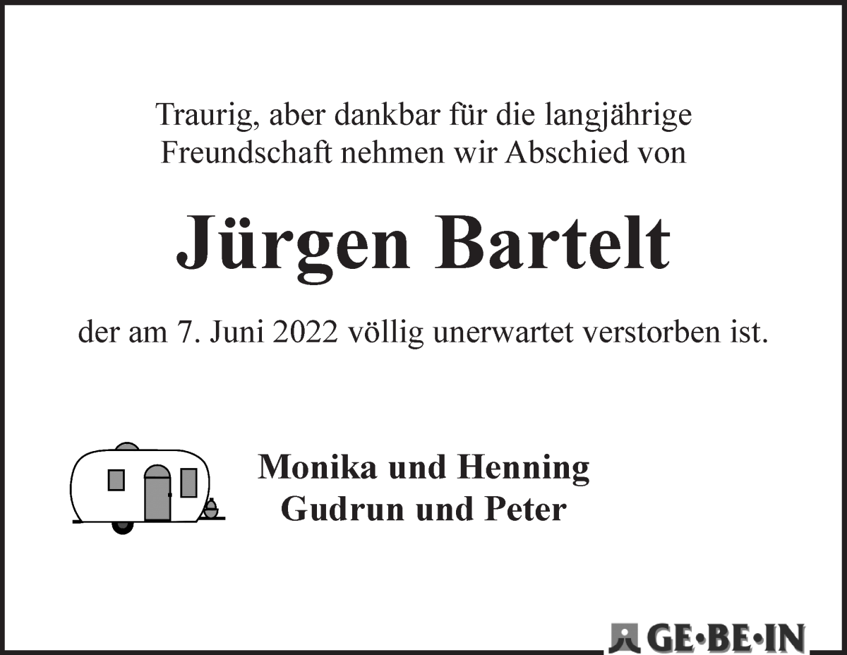 Traueranzeige von Jürgen Bartelt von WESER-KURIER