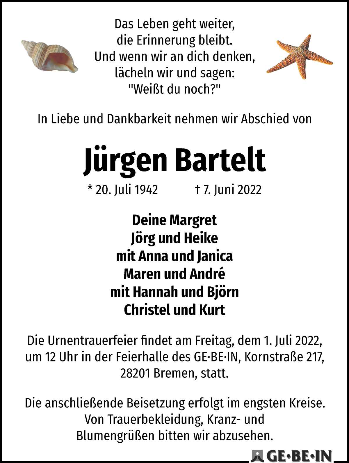 Traueranzeige von Jürgen Bartelt von WESER-KURIER
