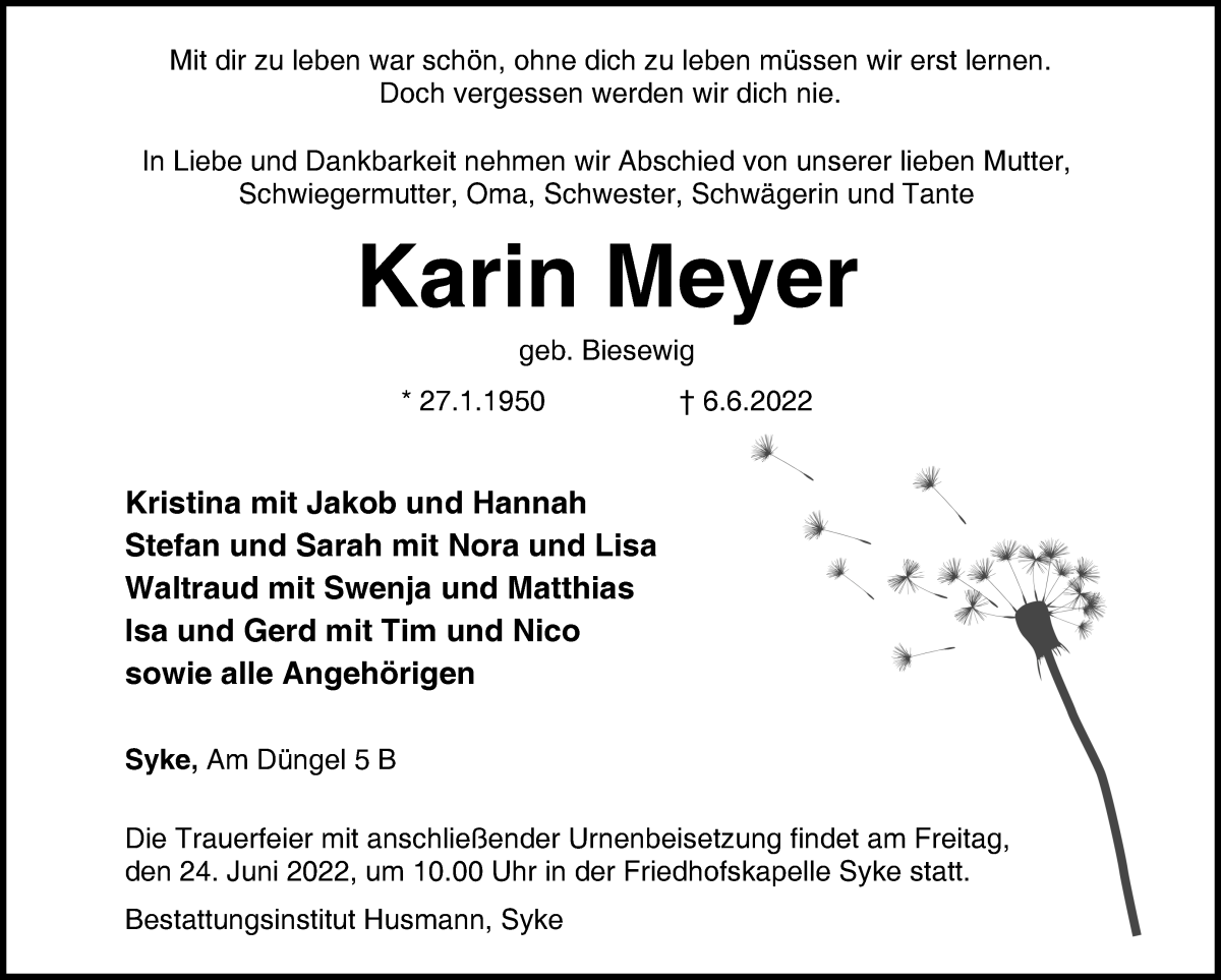  Traueranzeige für Karin Meyer vom 11.06.2022 aus Regionale Rundschau/Syker Kurier