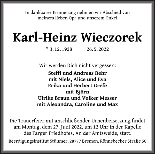 Traueranzeige von Karl-Heinz Wieczorek von Die Norddeutsche