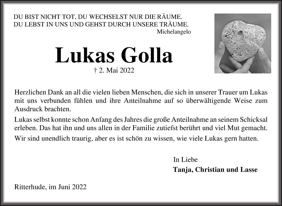  Traueranzeige für Lukas Golla vom 04.06.2022 aus Die Norddeutsche