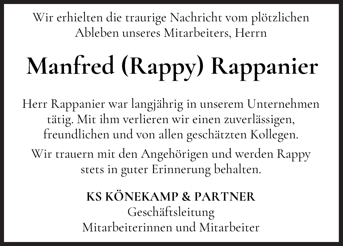 Traueranzeige von Manfred Rappanier von WESER-KURIER