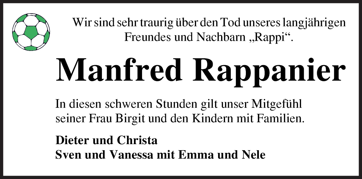 Traueranzeige von Manfred Rappanier von Osterholzer Kreisblatt