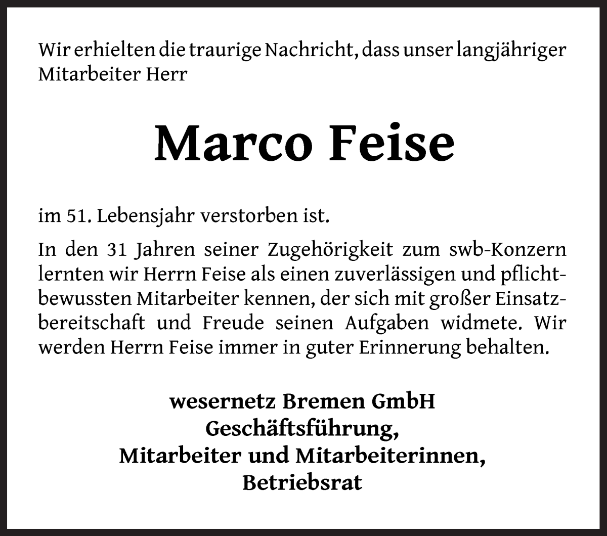  Traueranzeige für Marco Feise vom 04.06.2022 aus WESER-KURIER