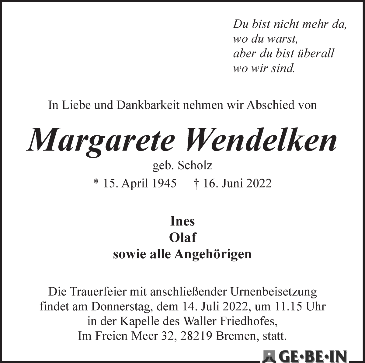  Traueranzeige für Margarete Wendelken vom 25.06.2022 aus WESER-KURIER