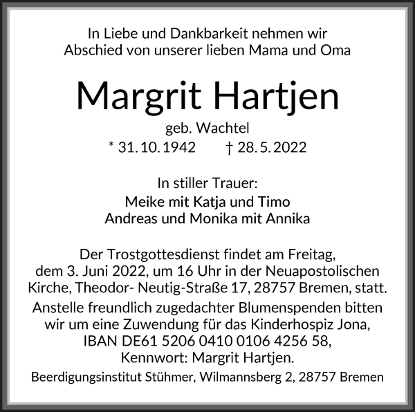 Traueranzeige von Margrit Hartjen von Die Norddeutsche