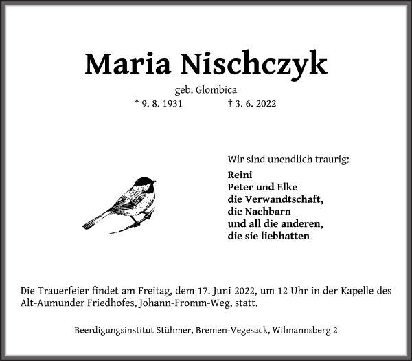 Traueranzeige von Maria Nischczyk von Die Norddeutsche