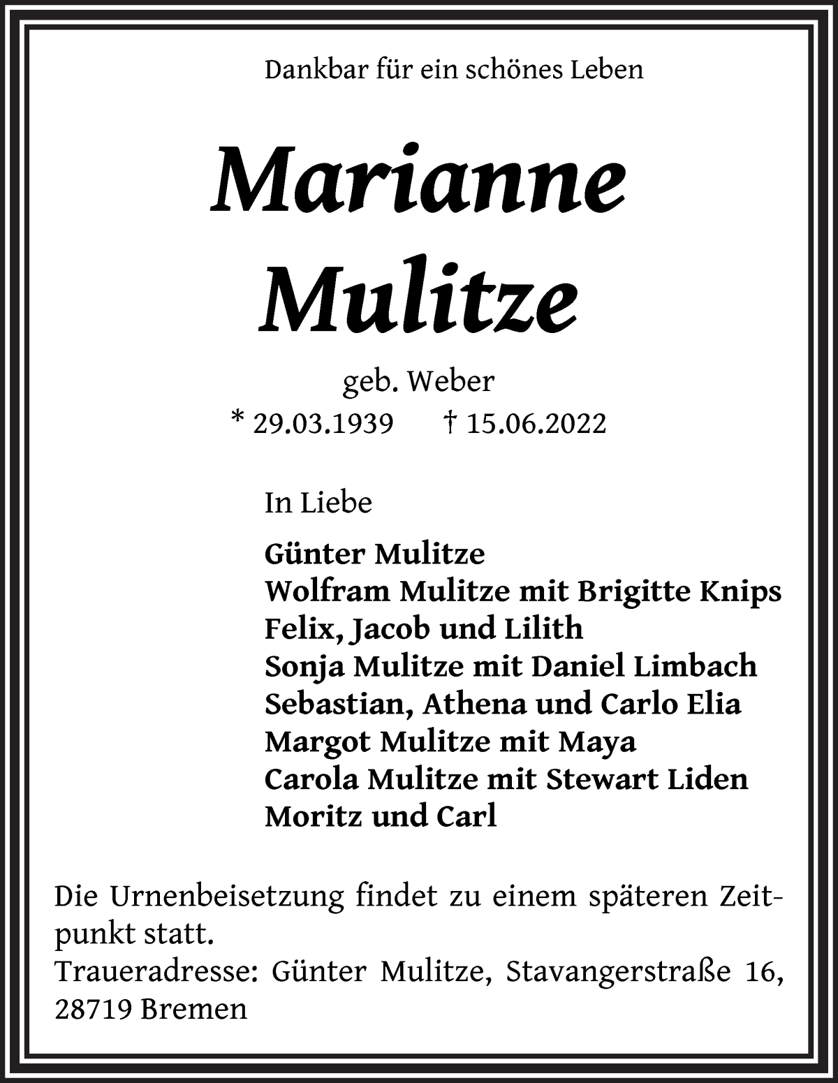 Traueranzeige von Marianne Mulitze von Die Norddeutsche