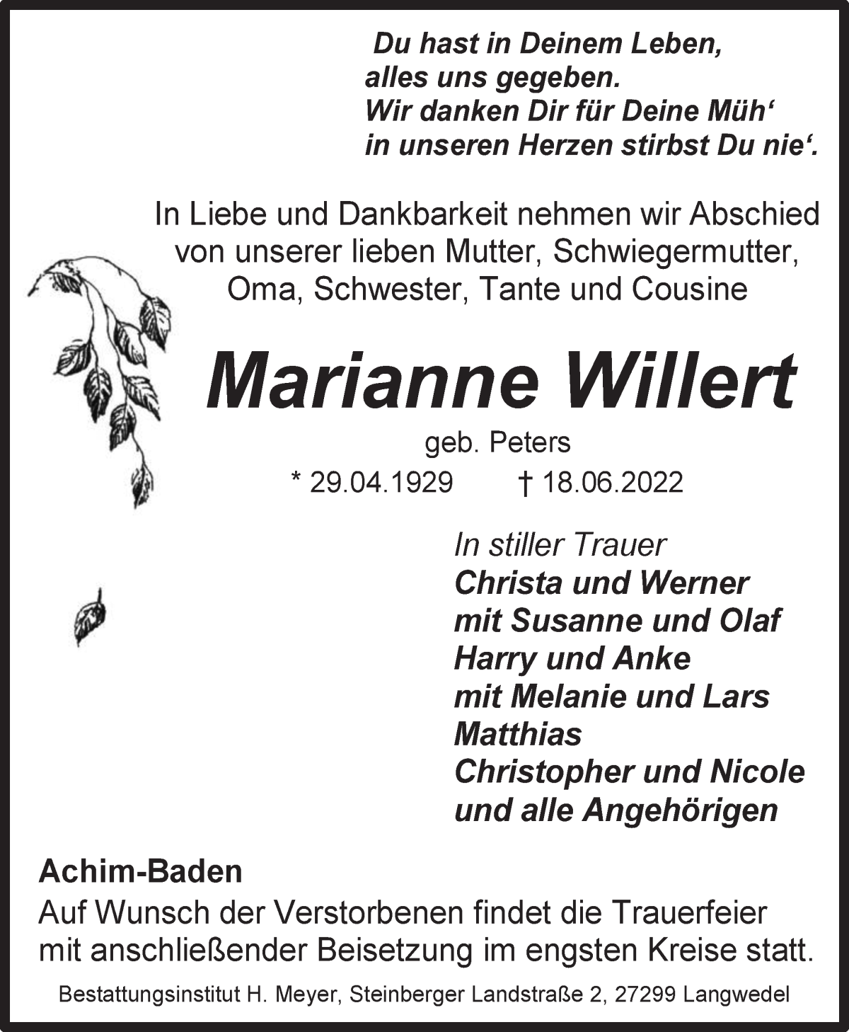  Traueranzeige für Marianne Willert vom 22.06.2022 aus WESER-KURIER