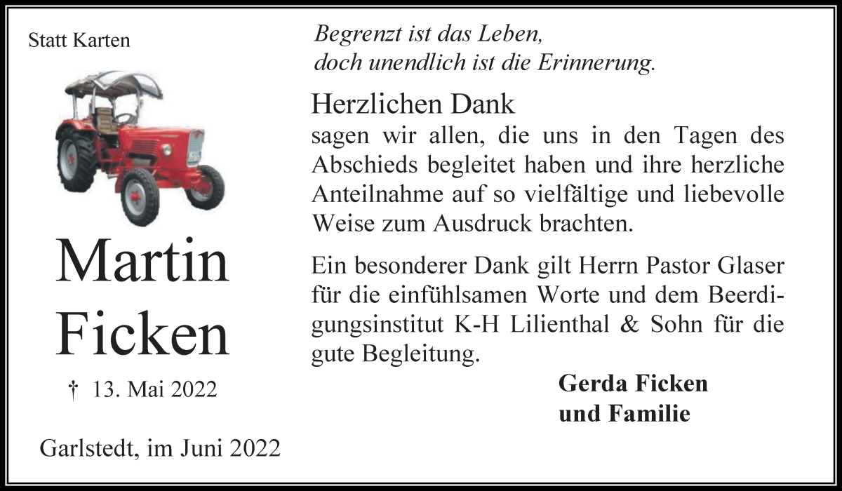  Traueranzeige für Martin Ficken vom 24.06.2022 aus Osterholzer Kreisblatt