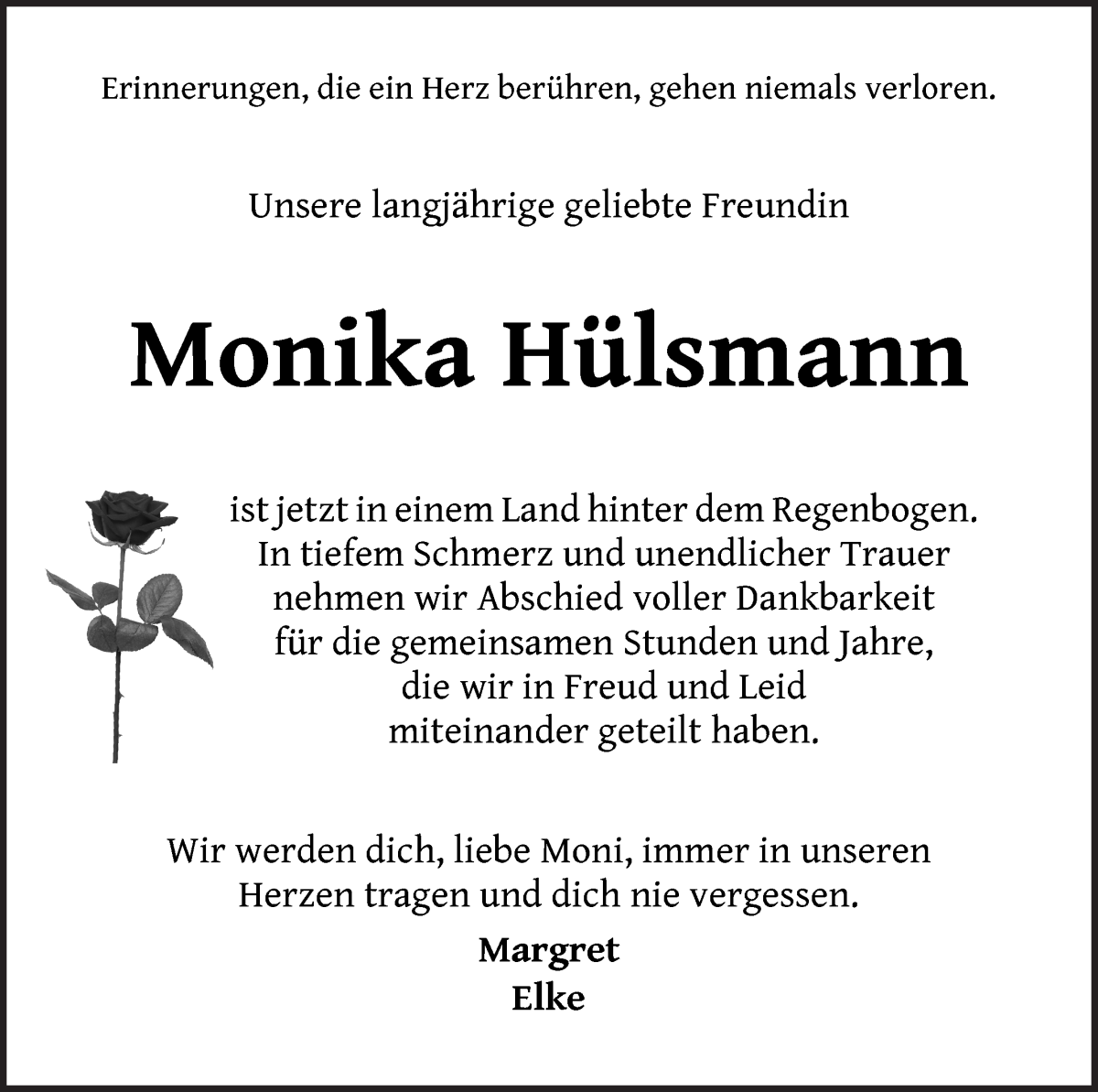 Traueranzeige von Monika Hülsmann von WESER-KURIER