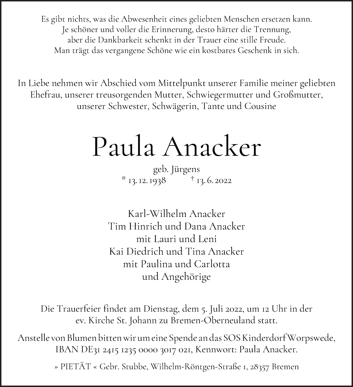  Traueranzeige für Paula Anacker vom 25.06.2022 aus WESER-KURIER