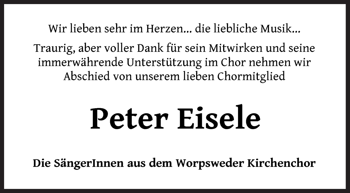  Traueranzeige für Peter Eisele vom 29.06.2022 aus Wuemme Zeitung