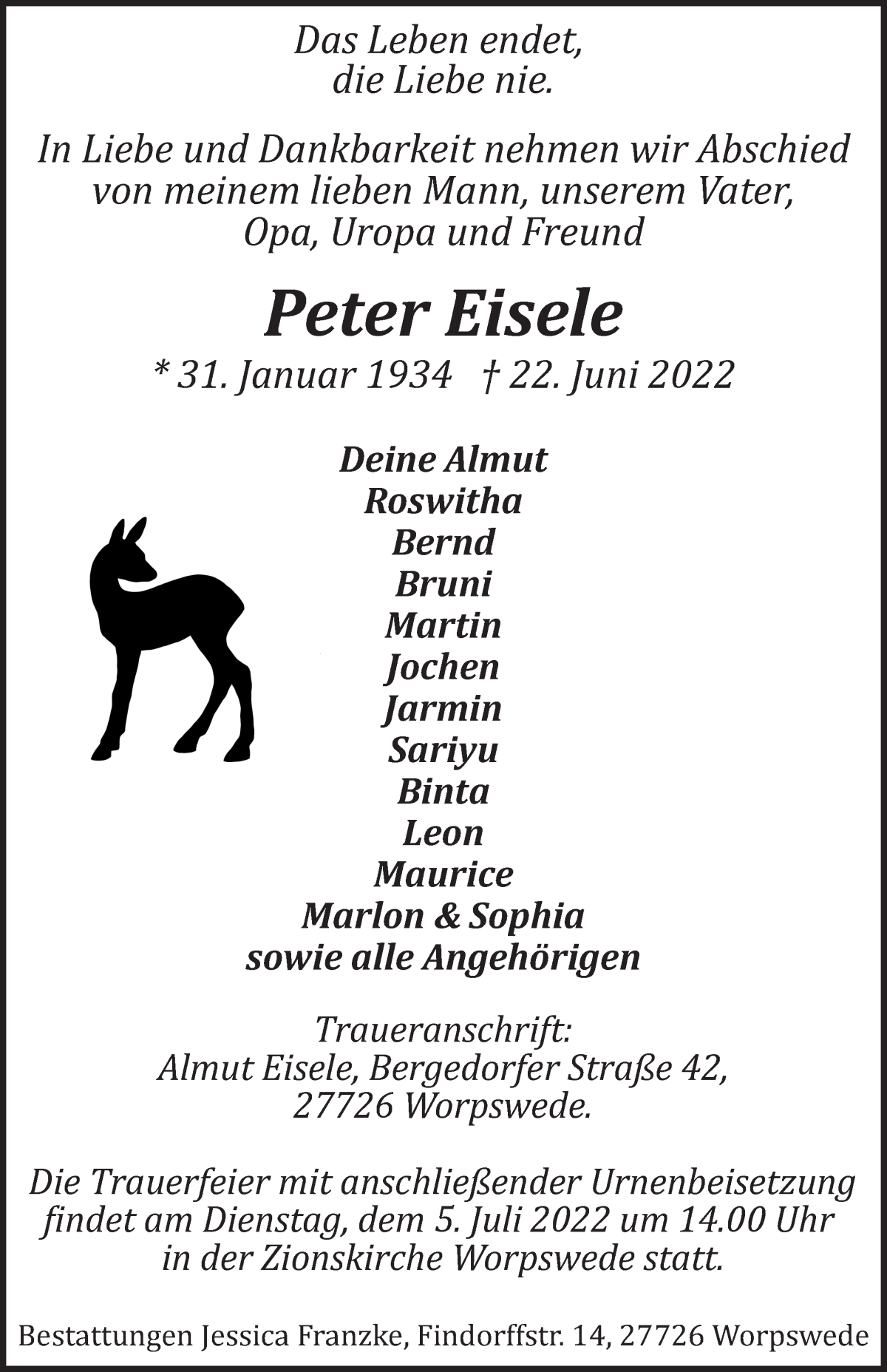  Traueranzeige für Peter Eisele vom 29.06.2022 aus Wuemme Zeitung