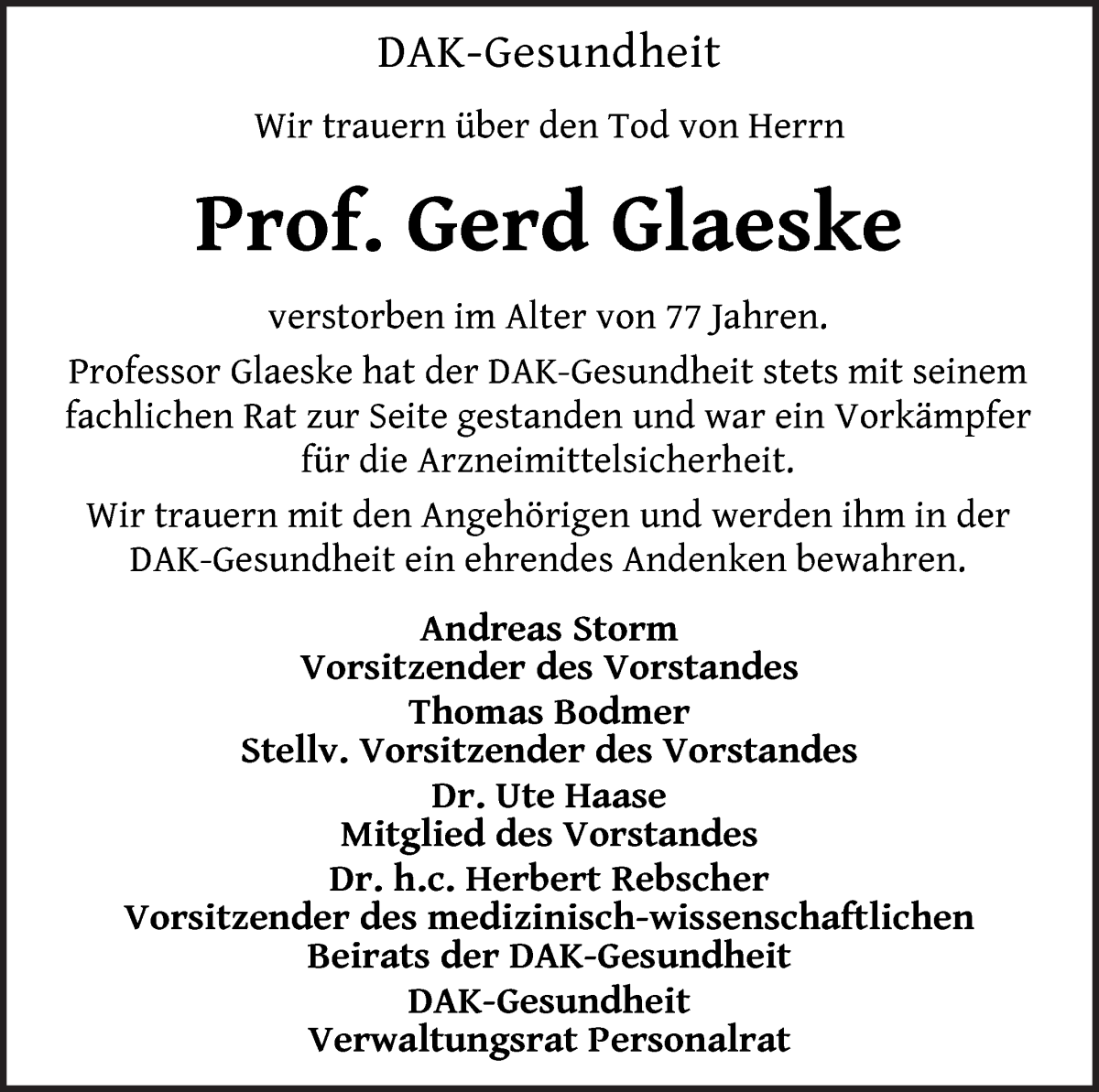Traueranzeige von Prof. Gerd Glaeske von WESER-KURIER