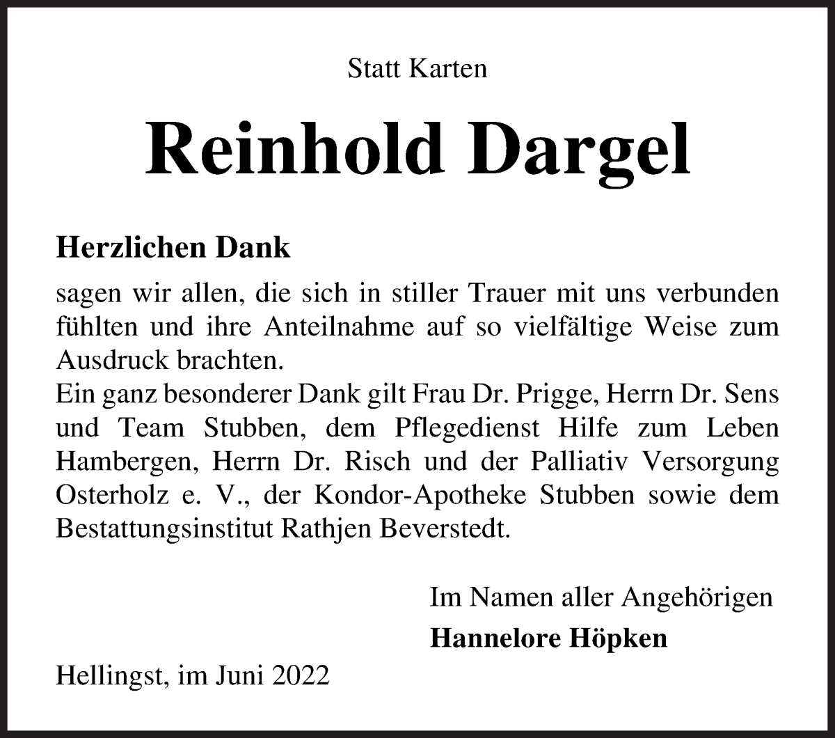  Traueranzeige für Reinhold Dargel vom 25.06.2022 aus Osterholzer Kreisblatt