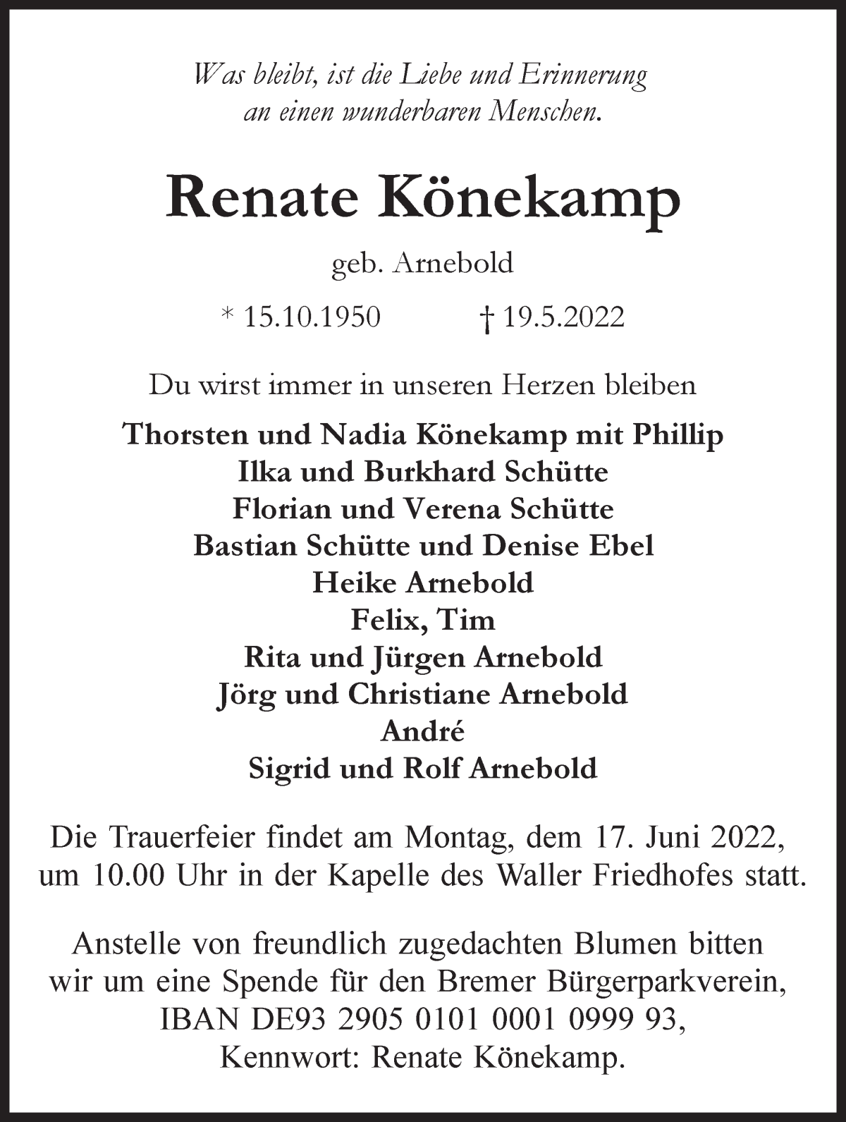 Traueranzeige von Renate Könekamp von WESER-KURIER