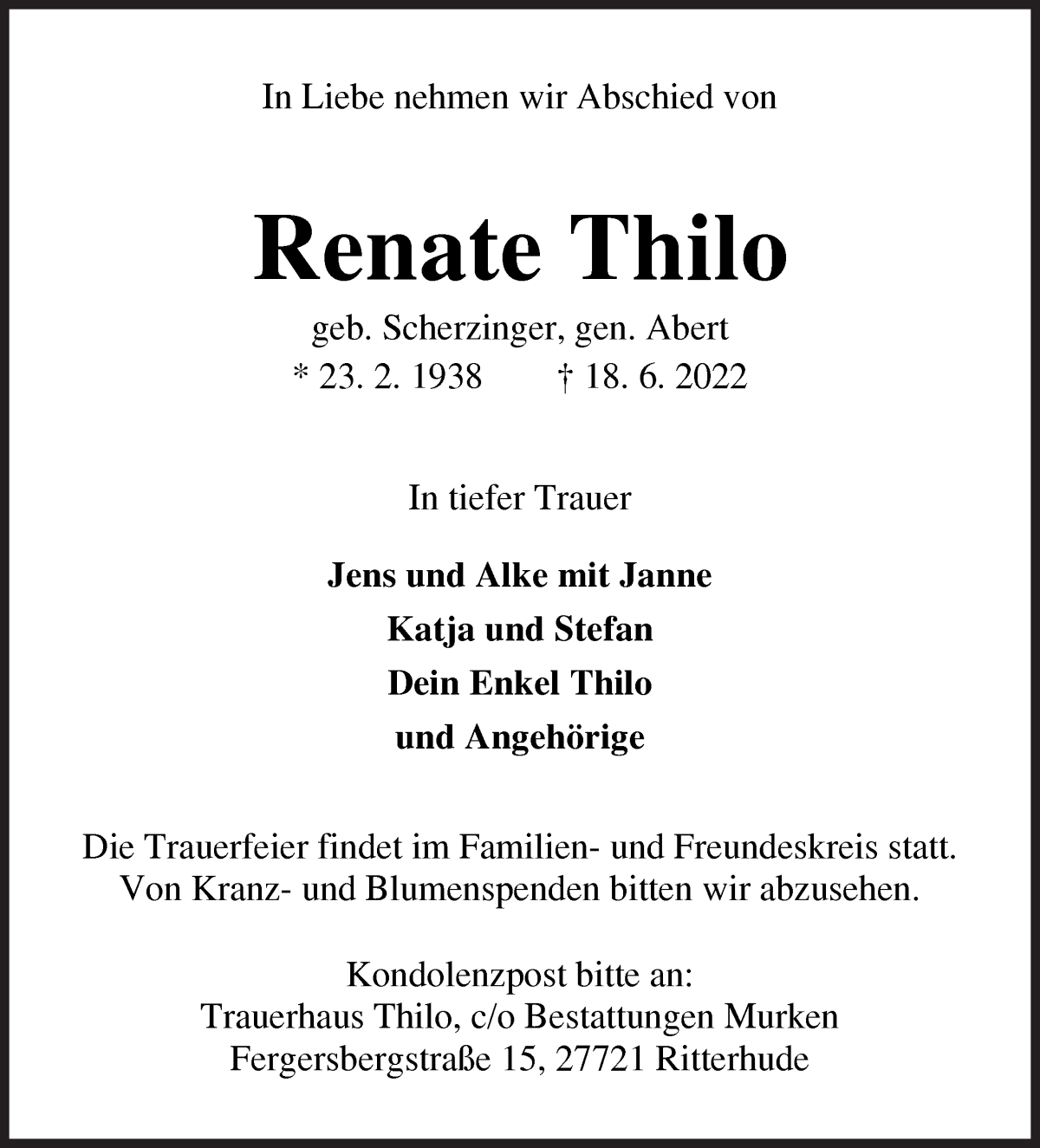  Traueranzeige für Renate Thilo vom 23.06.2022 aus WESER-KURIER