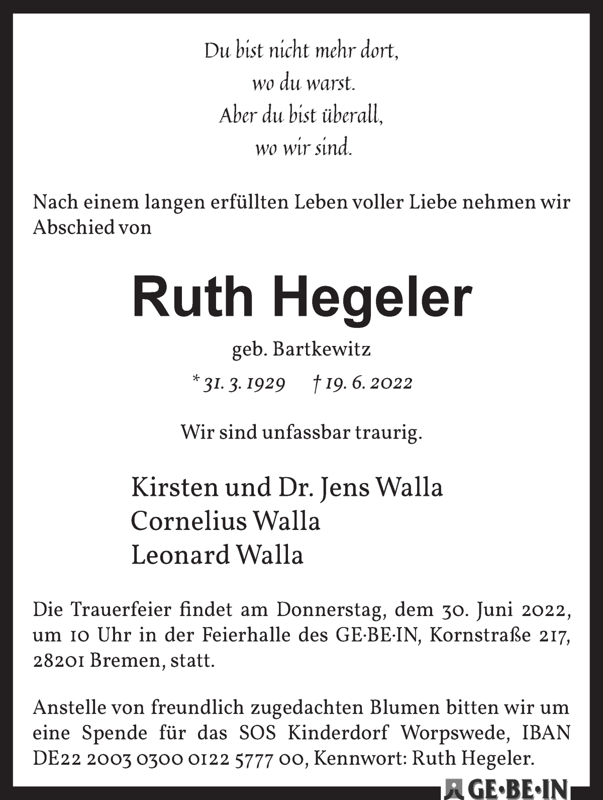 Traueranzeige von Ruth Hegeler von WESER-KURIER