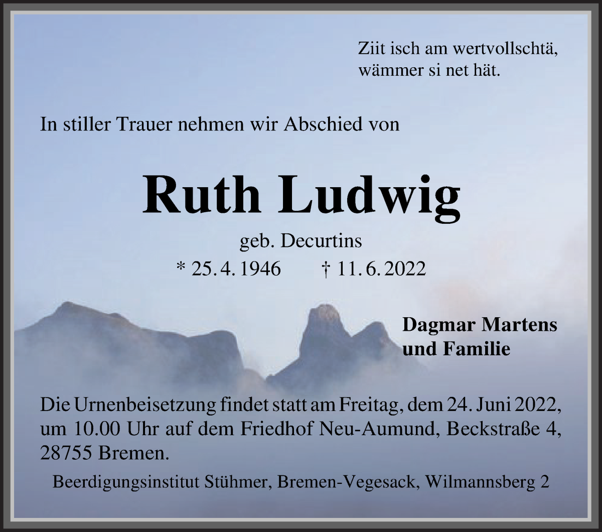Traueranzeige von Ruth Ludwig von Die Norddeutsche