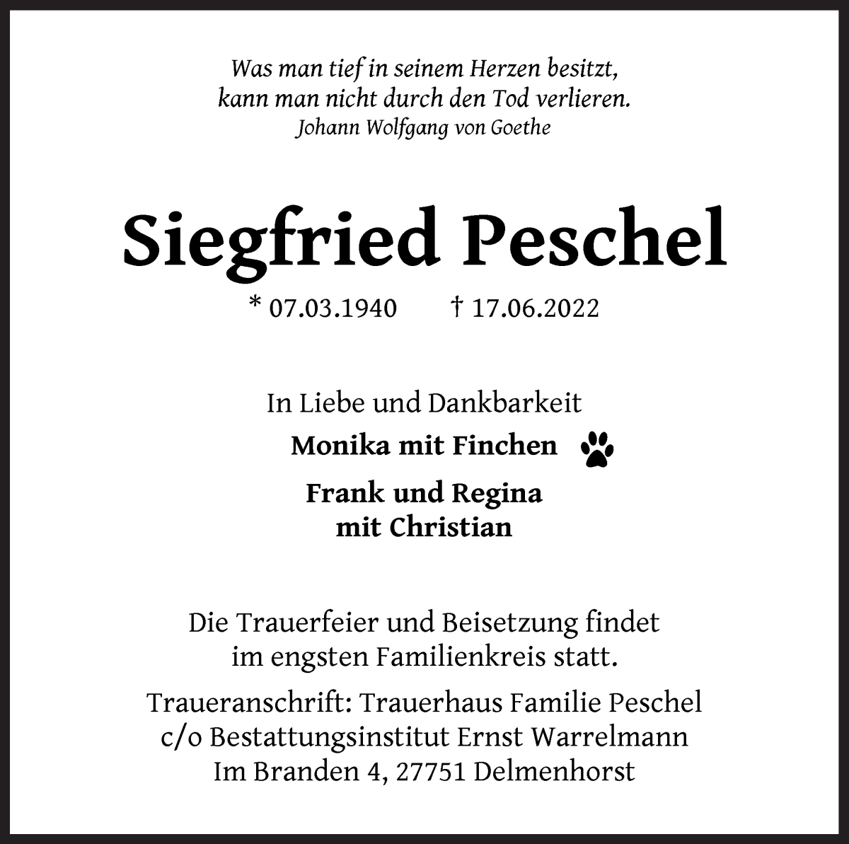  Traueranzeige für Siegfried Peschel vom 22.06.2022 aus WESER-KURIER