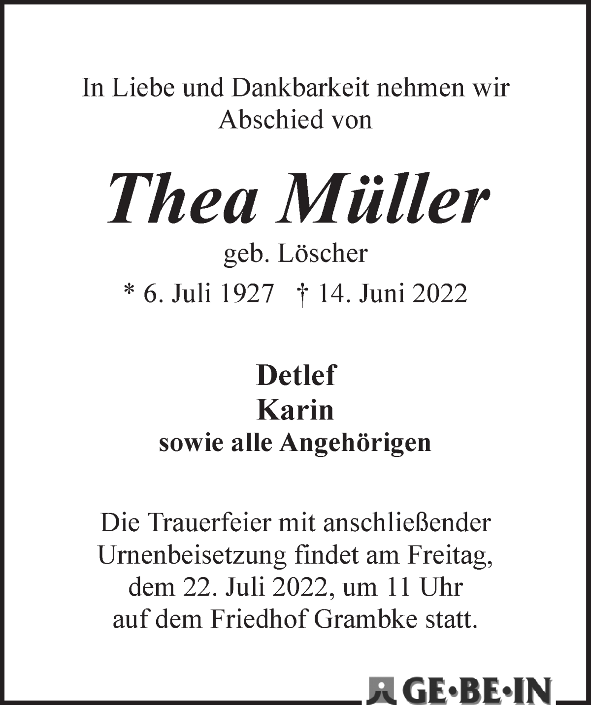 Traueranzeige von Thea Müller von WESER-KURIER