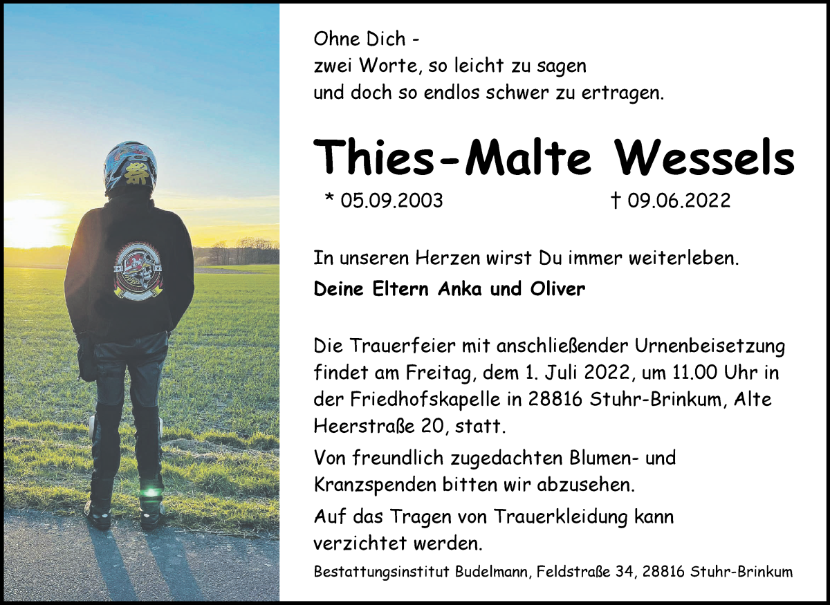  Traueranzeige für Thies-Malte Wessels vom 18.06.2022 aus WESER-KURIER