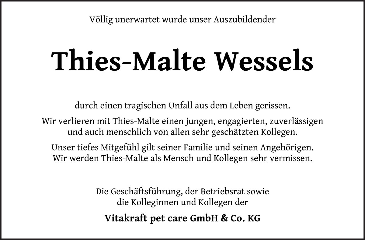  Traueranzeige für Thies-Malte Wessels vom 18.06.2022 aus WESER-KURIER