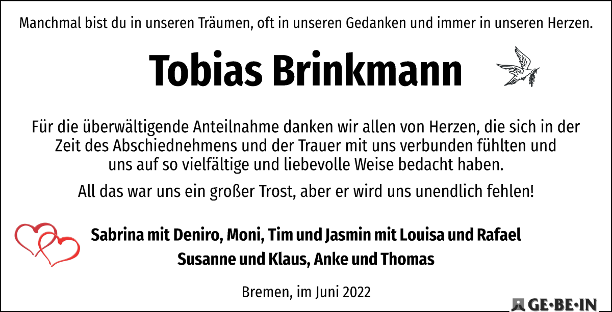  Traueranzeige für Tobias Brinkmann vom 18.06.2022 aus WESER-KURIER