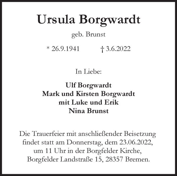 Traueranzeige von Ursula Borgwardt von WESER-KURIER