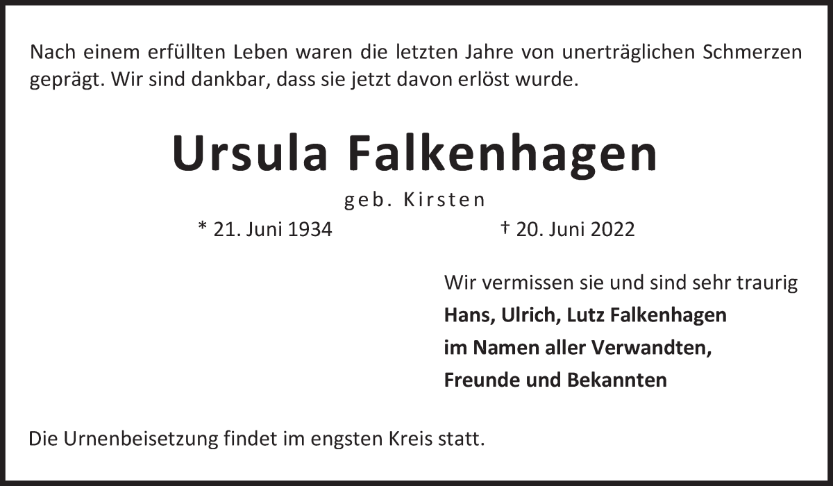 Traueranzeige von Ursula Falkenhagen von WESER-KURIER