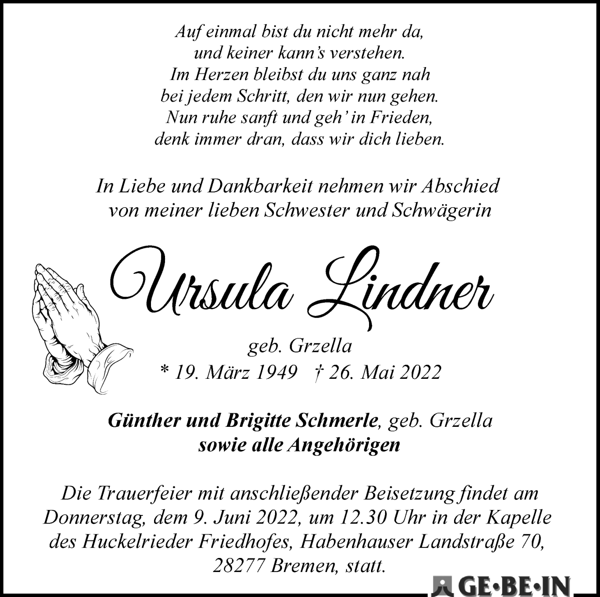 Traueranzeige von Ursula Lindner von WESER-KURIER