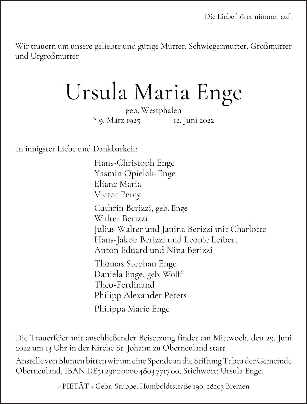 Traueranzeige von Ursula Maria Enge von WESER-KURIER