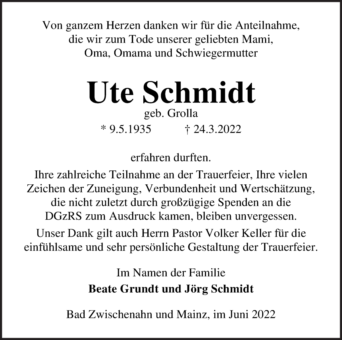  Traueranzeige für Ute Schmidt vom 18.06.2022 aus Die Norddeutsche