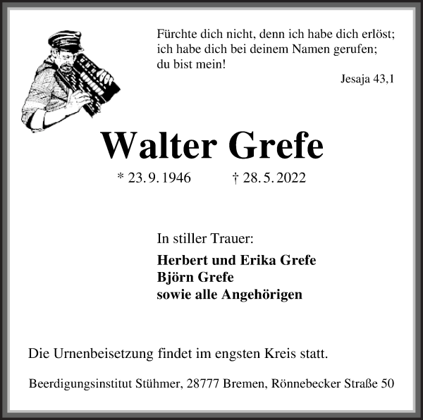Traueranzeige von Walter Grefe von Die Norddeutsche