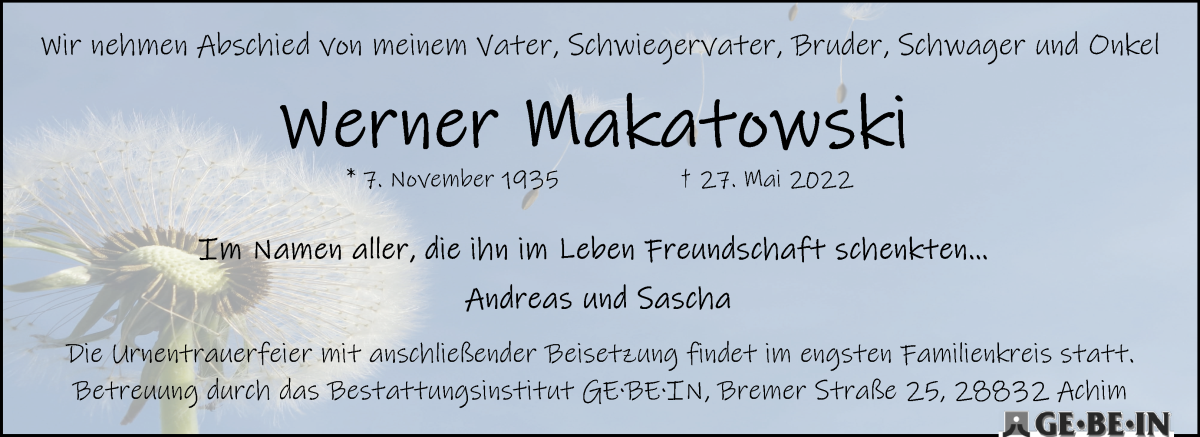  Traueranzeige für Werner Makatowski vom 04.06.2022 aus WESER-KURIER